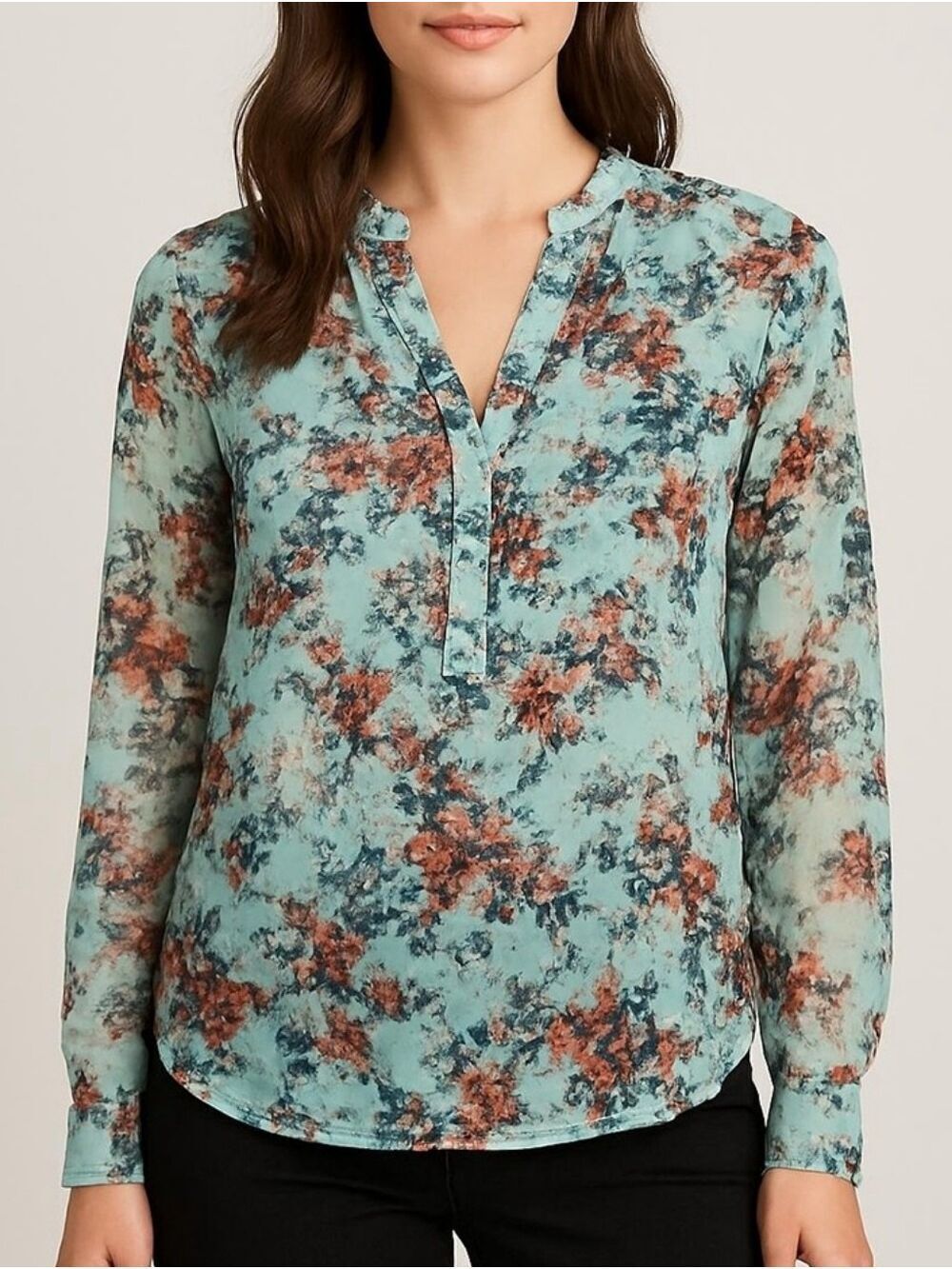 Aqua Floral Sheer Button-Front Blouse